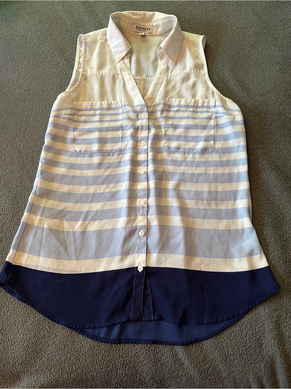 Express Sleeveless Striped Button-Down Top in White, Light Blue & Navy